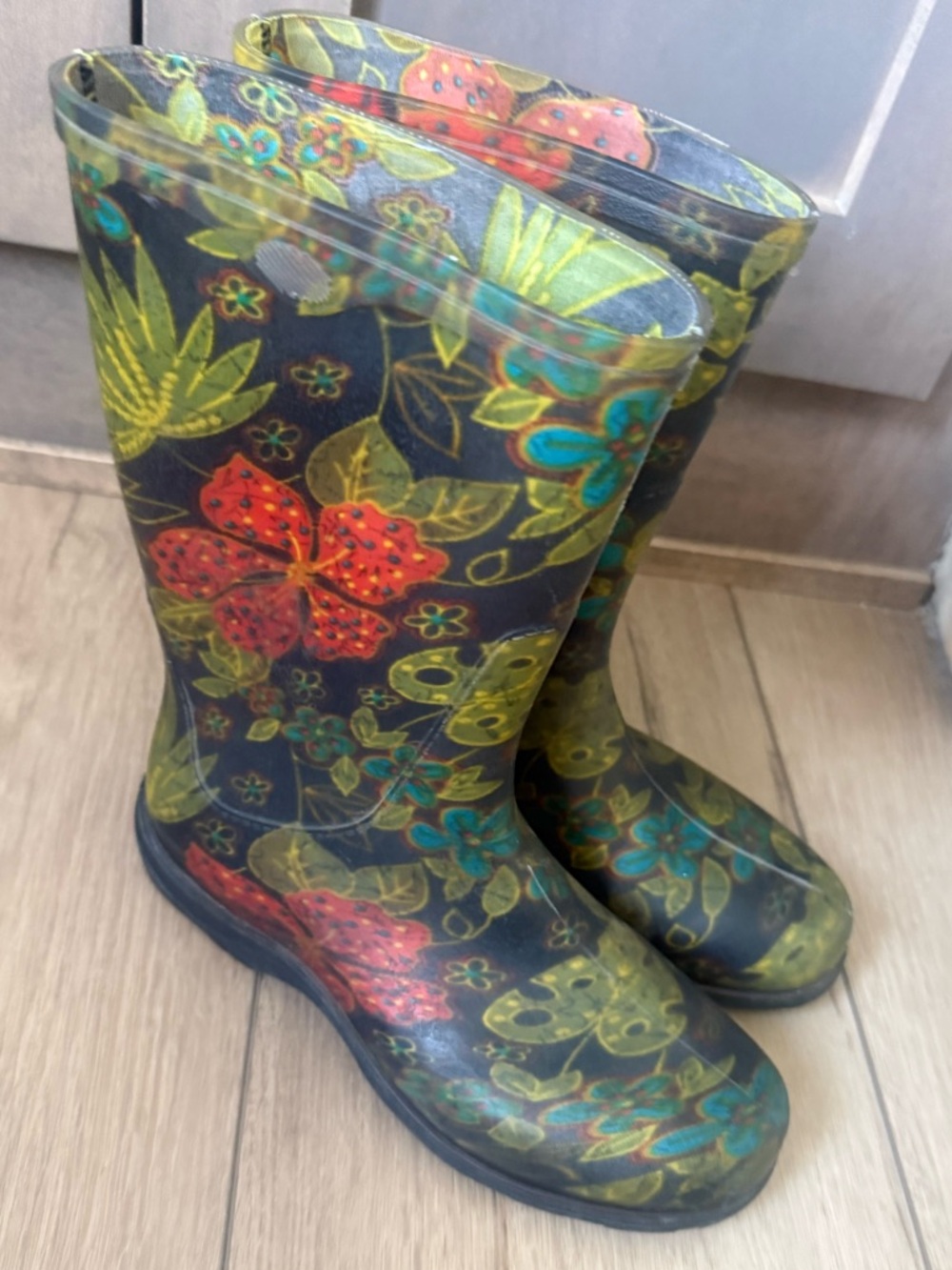 Sloggers Black Floral Rain Boots with Red & Green Accents